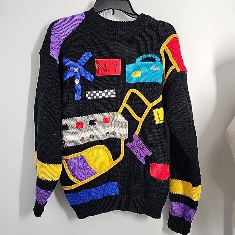 Vintage 80s CSL Cherry Stix Sweater Size Medium Travel Train Theme Ugly NY LA